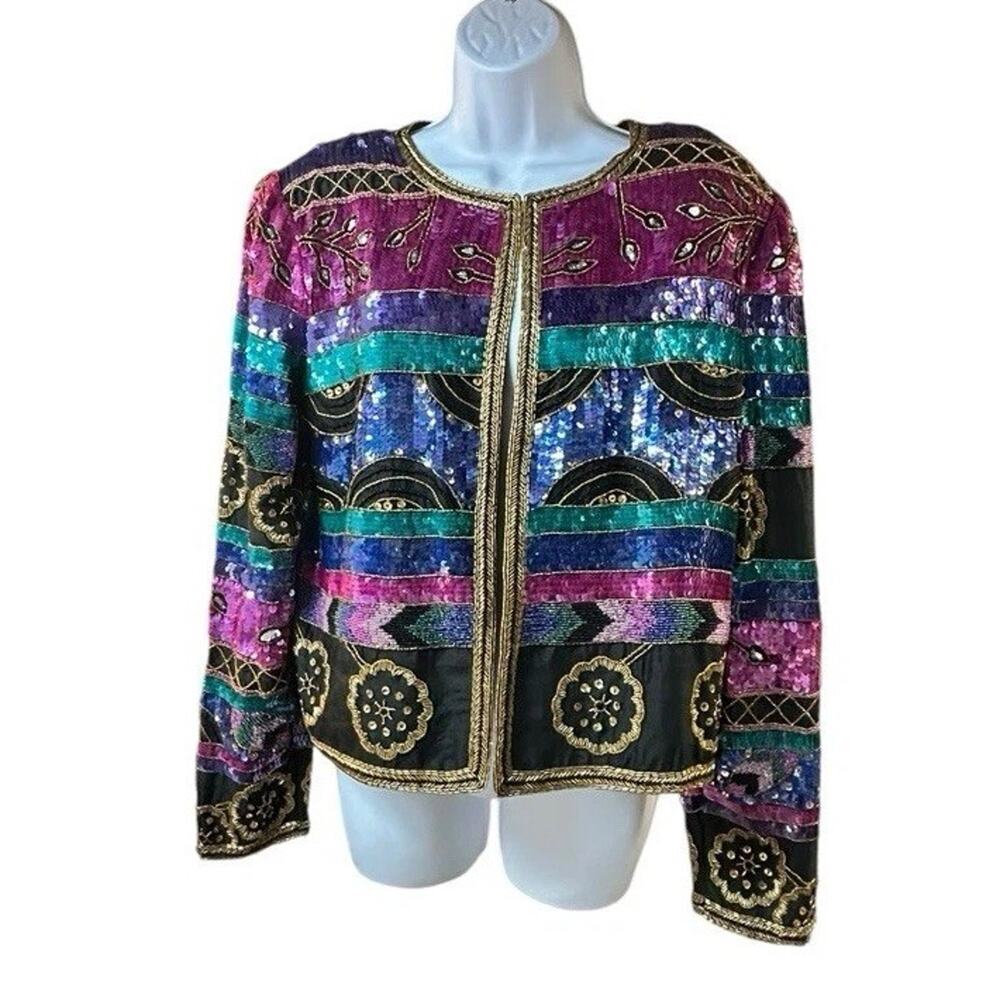 1980's Nipon Night Multi-Colored Sequin and Bead Cropped Jacket Size L